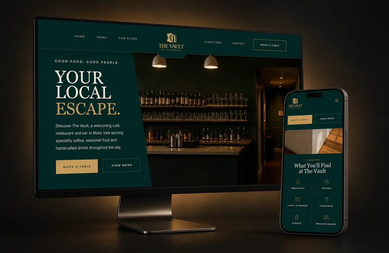 Custom website design for The Vault café, restaurant and bar in Moss Vale